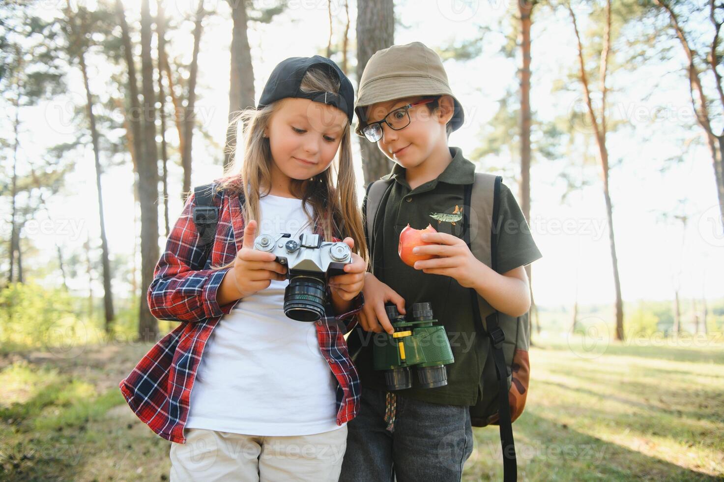 Little boy and girl go hiking on a forest road photo