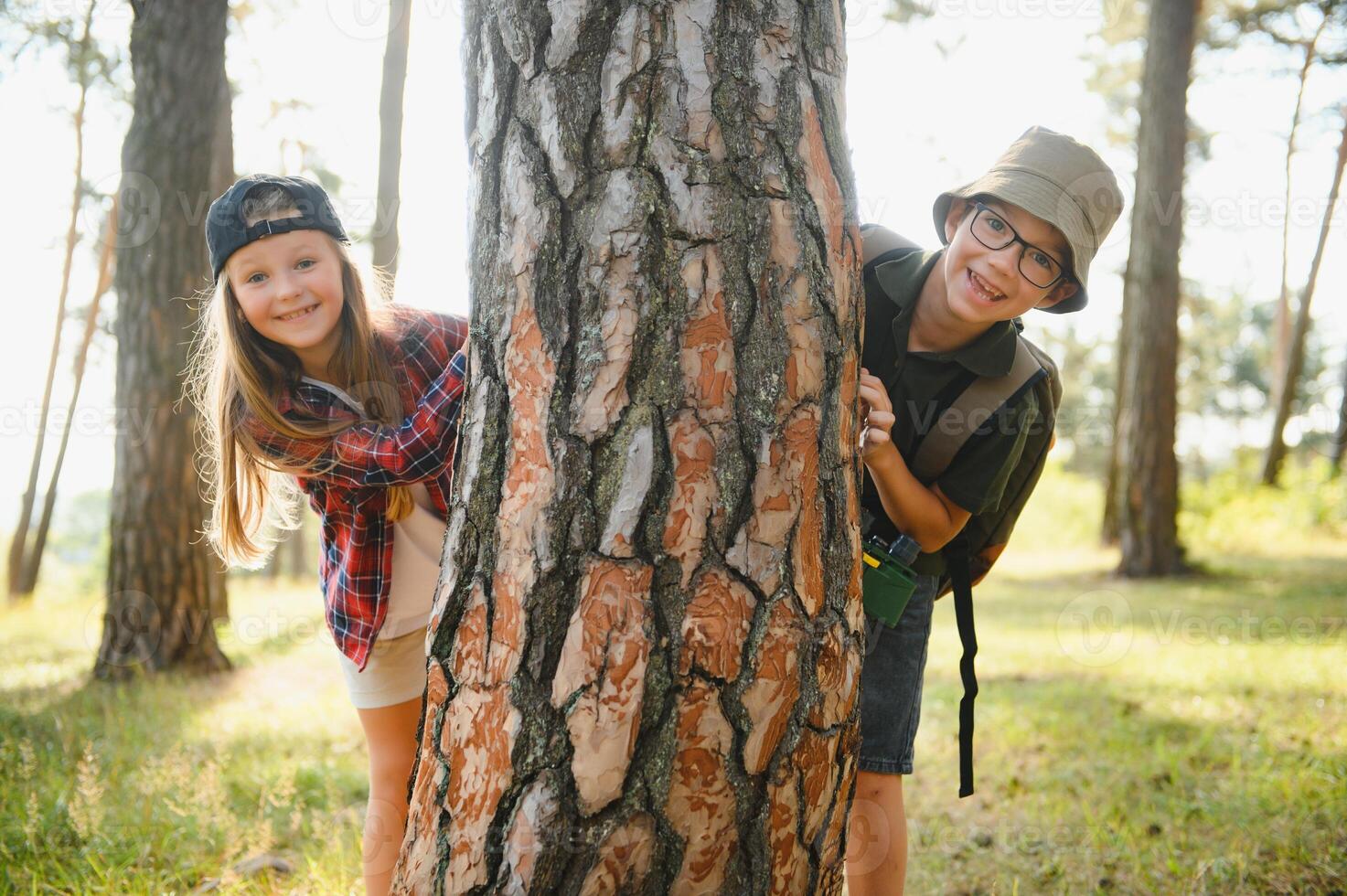boy and girl go hiking with backpacks on forest road bright sunny day photo