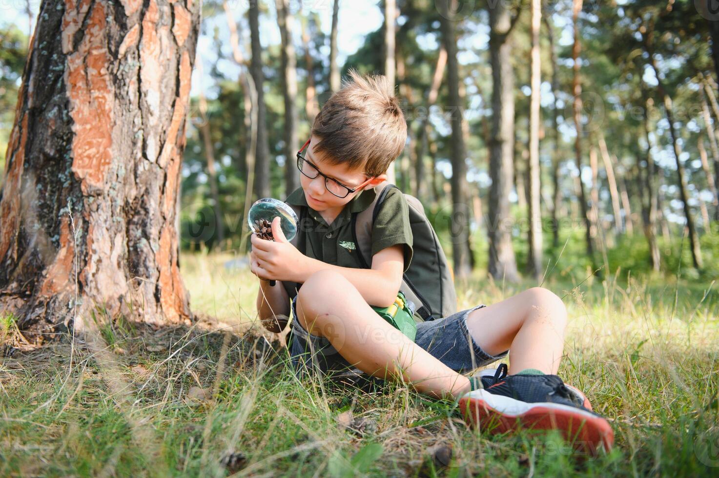 schoolboy is exploring nature with magnifying glass. Summer vacation for inquisitive kids in forest. Hiking. Boy-scout. photo