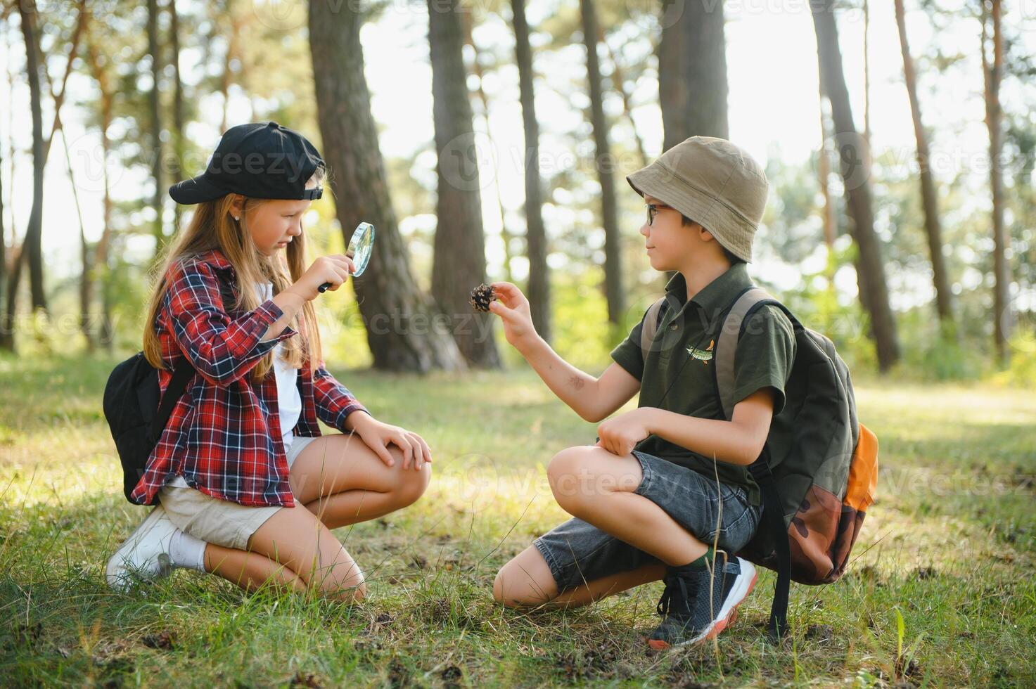 Group of curious happy school kids in casual clothes with backpacks exploring nature and forest together on sunny autumn day, girl holding magnifying glass and looking at fir cone in boy hands. photo