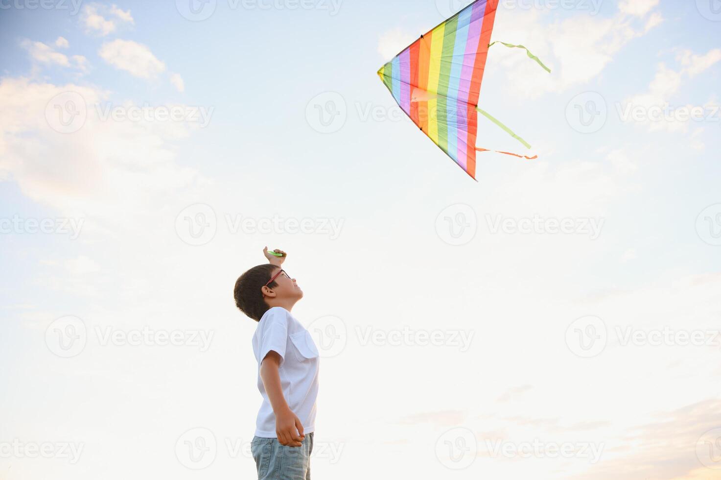 Little boy on summer vacation having fun and happy time flying kite on the field. photo