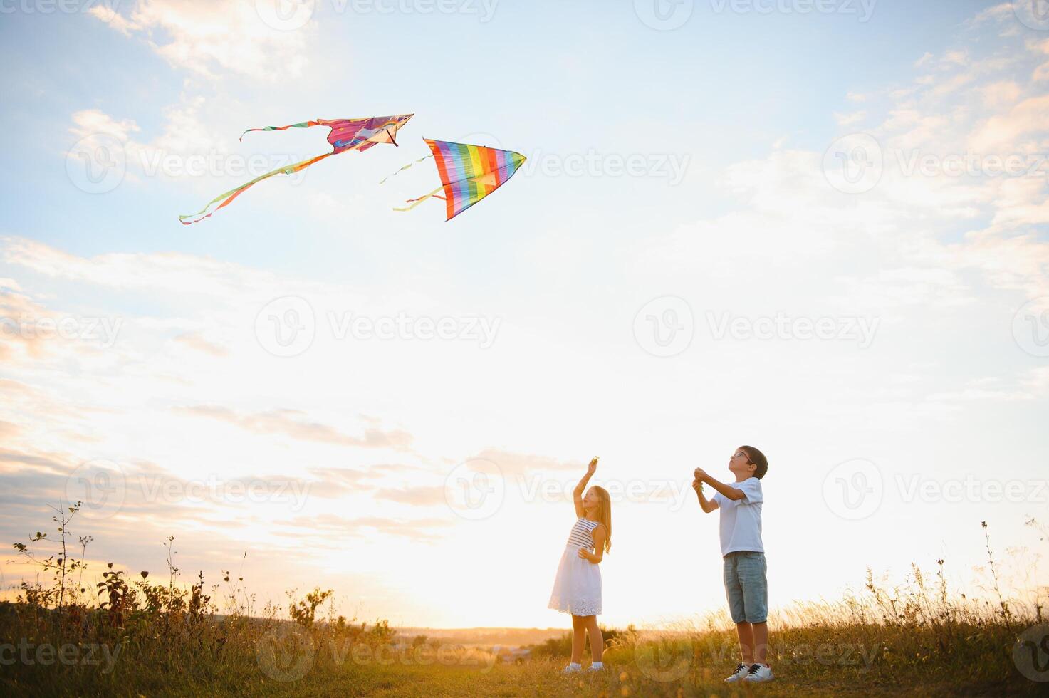 Brother and sister playing with kite and plane at the field on the sunset. photo