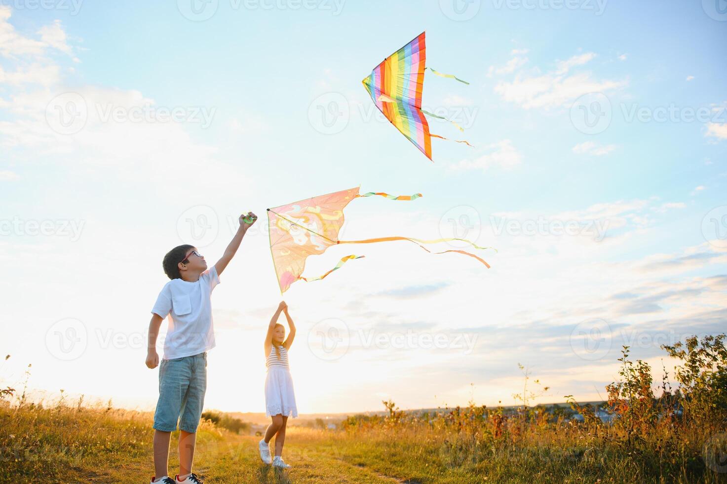 Happy boy and girl playing with kites in field at sunset. Happy childhood concept. photo