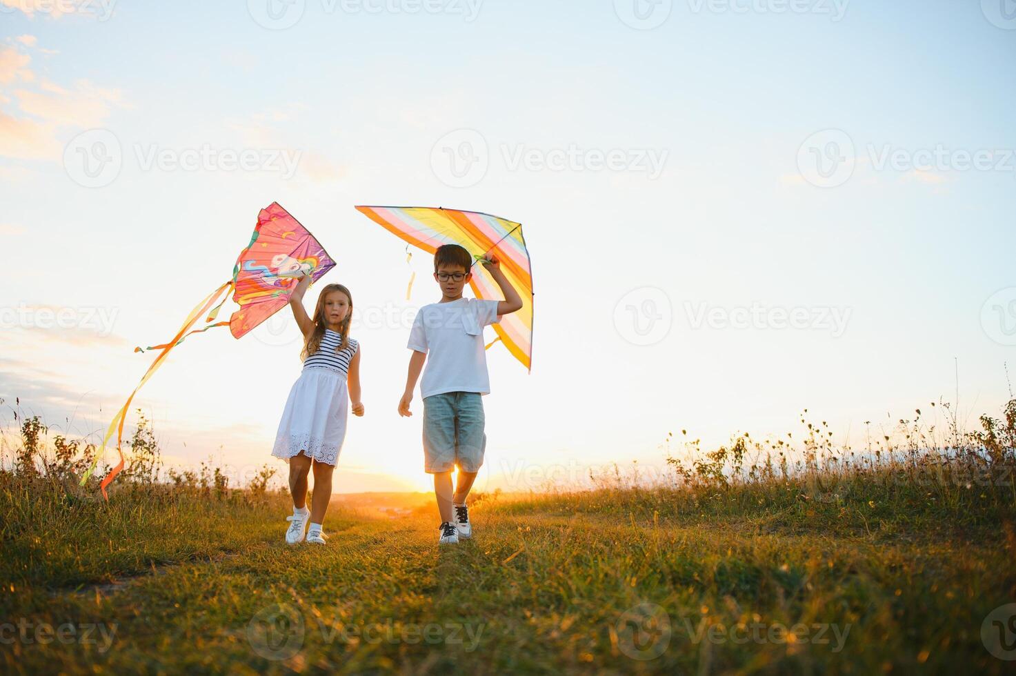 Happy children launch a kite in the field at sunset. Little boy and girl on summer vacation. photo