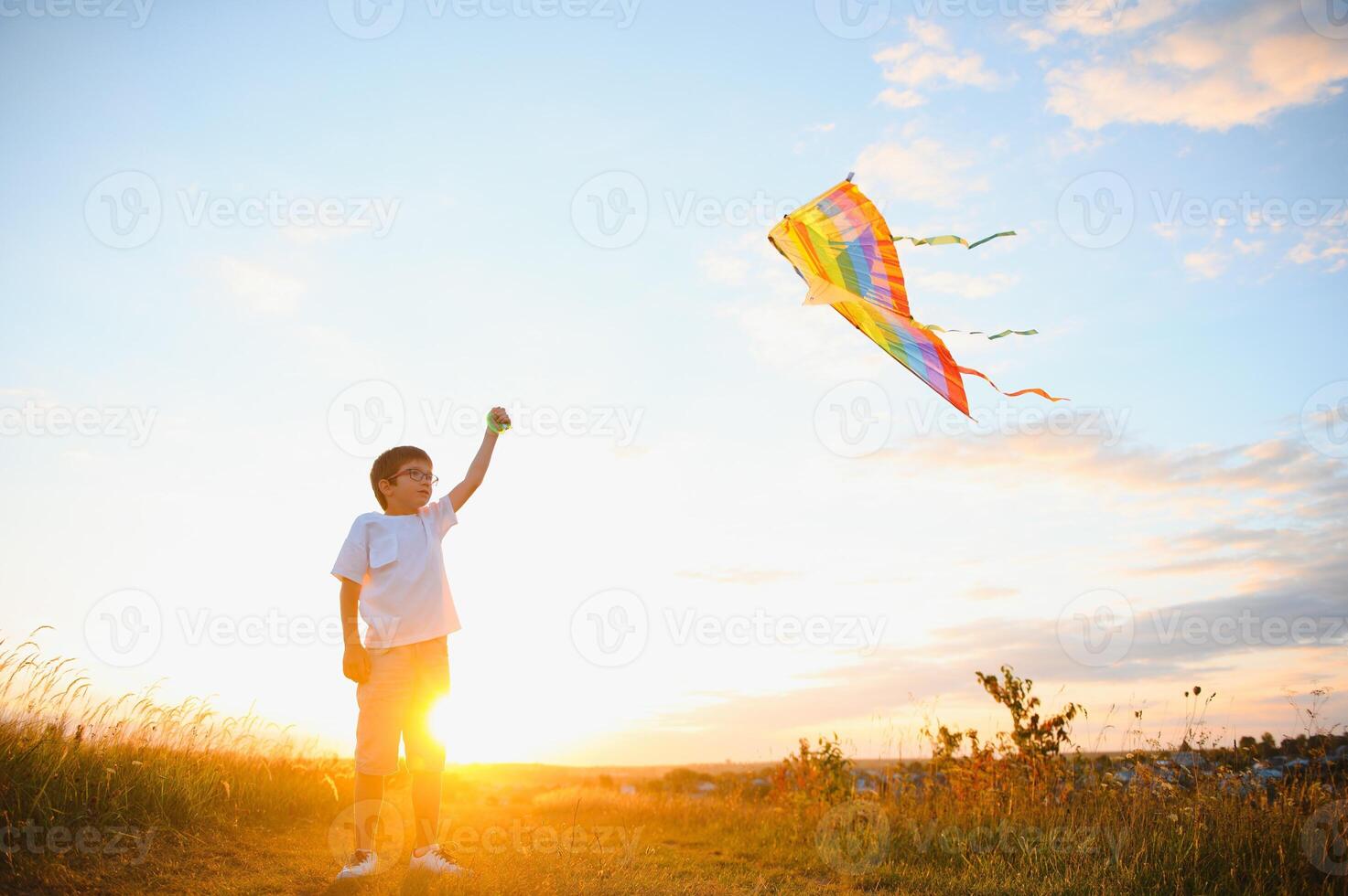 Little boy on summer vacation having fun and happy time flying kite on the field. photo