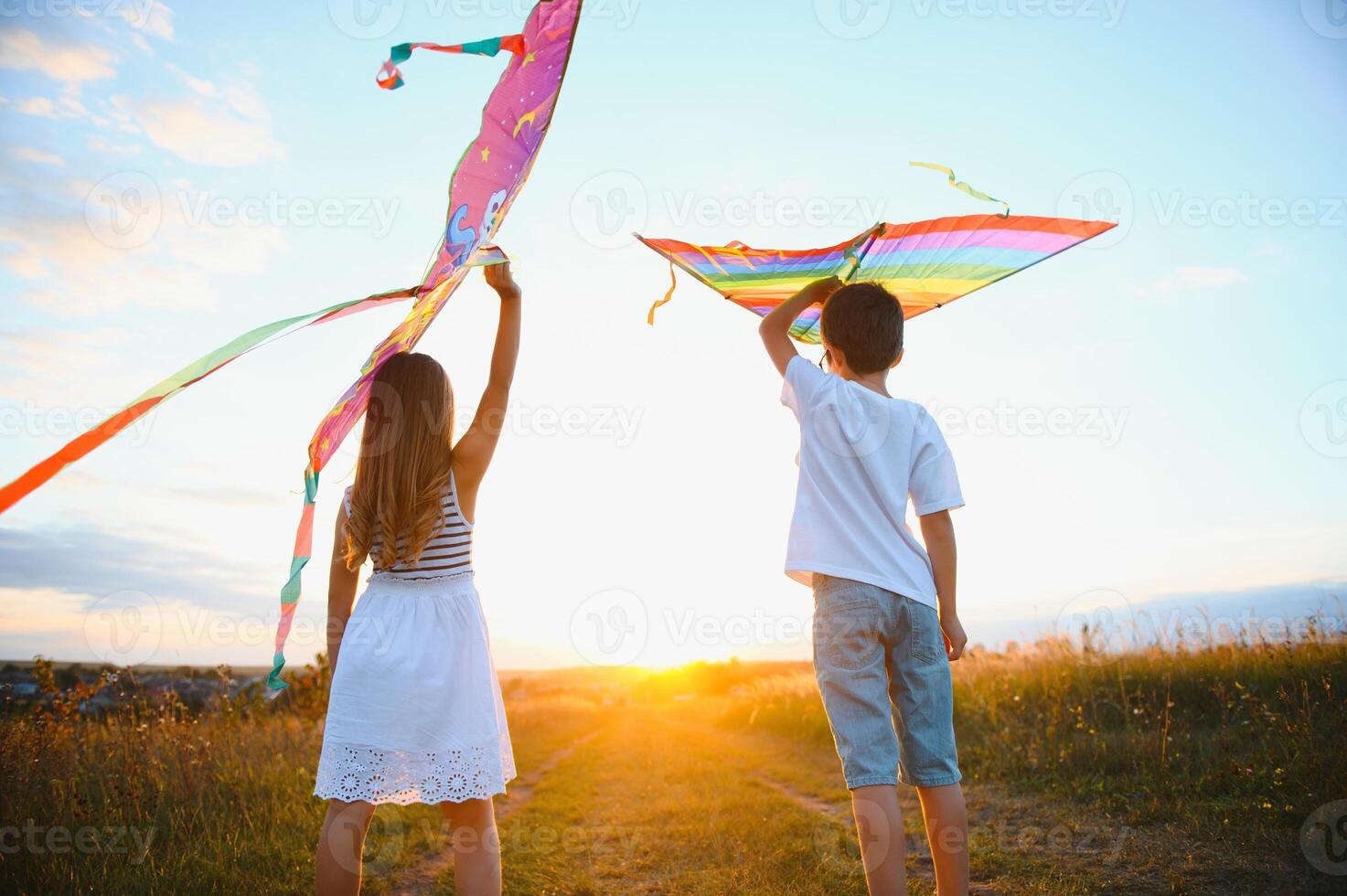 Happy boy and girl playing with kites in field at sunset. Happy childhood concept. photo