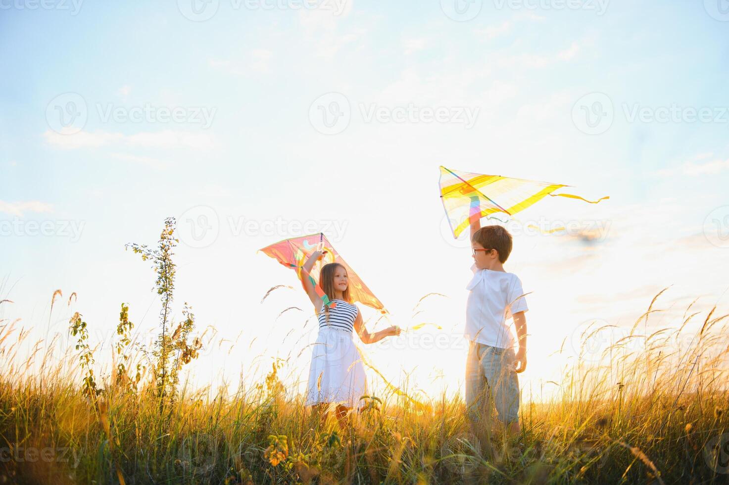 Happy boy and girl playing with kites in field at sunset. Happy childhood concept. photo