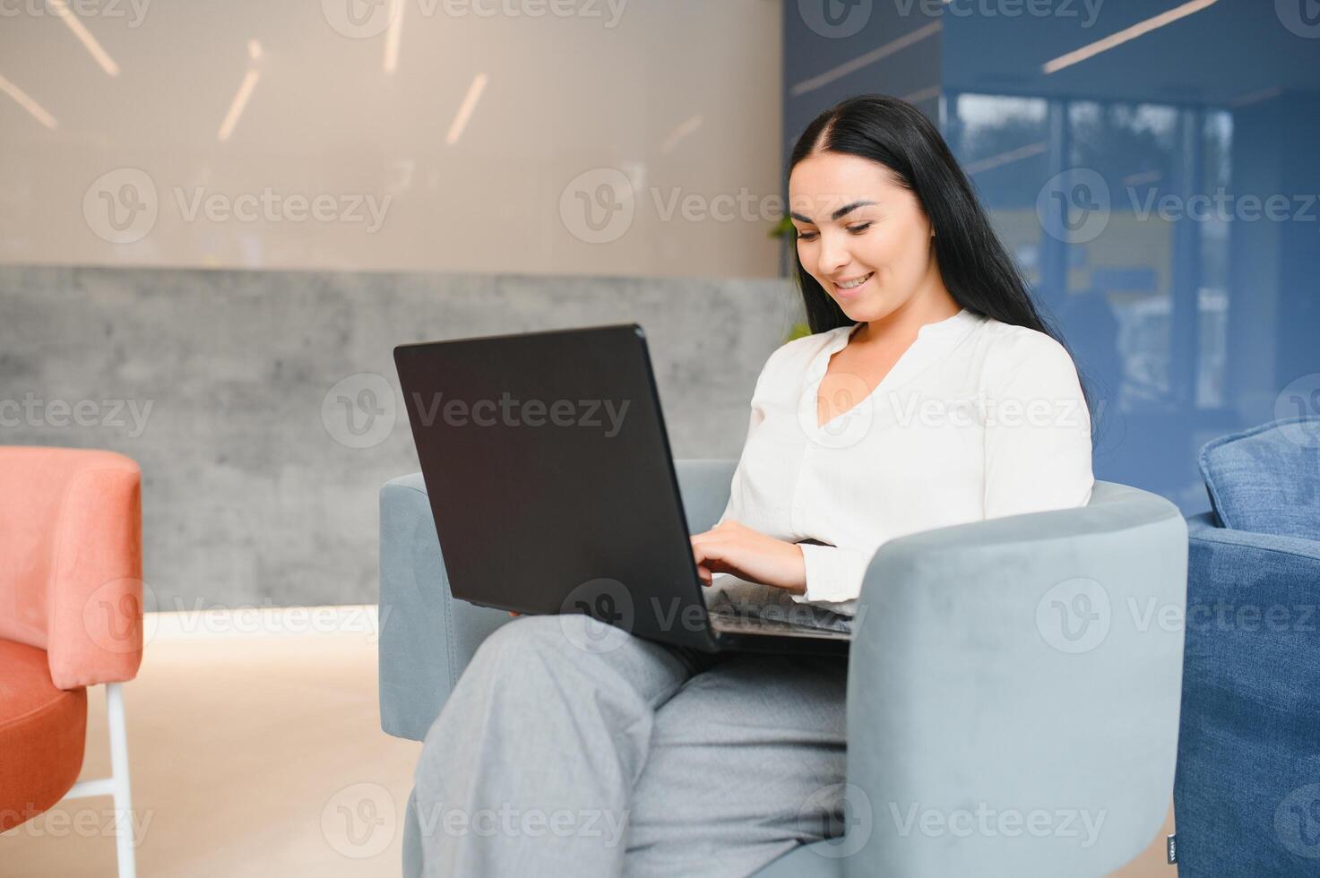 Portrait of skilled creative designer working on visualization great idea for interior making web model of outlay using application on laptop computer connected to 5G wireless in coworking office. photo