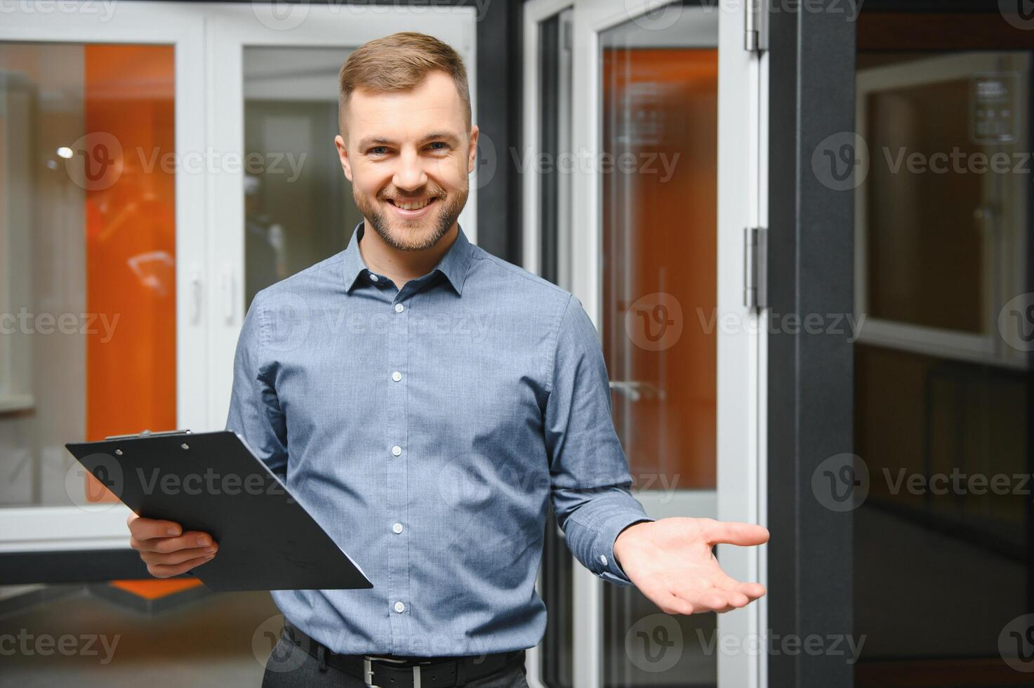 Sales manager in a window shop. The concept of window sales. photo