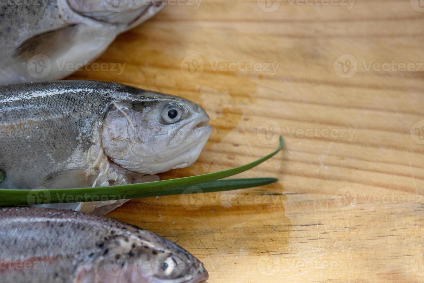 Carving three raw fresh trouts on the old wooden cutting board. Cooking whole freshwater rainbow forel fish. Oncorhynchus mykiss on the chopping plate. Wood background. Close up. Copy space. Top view photo