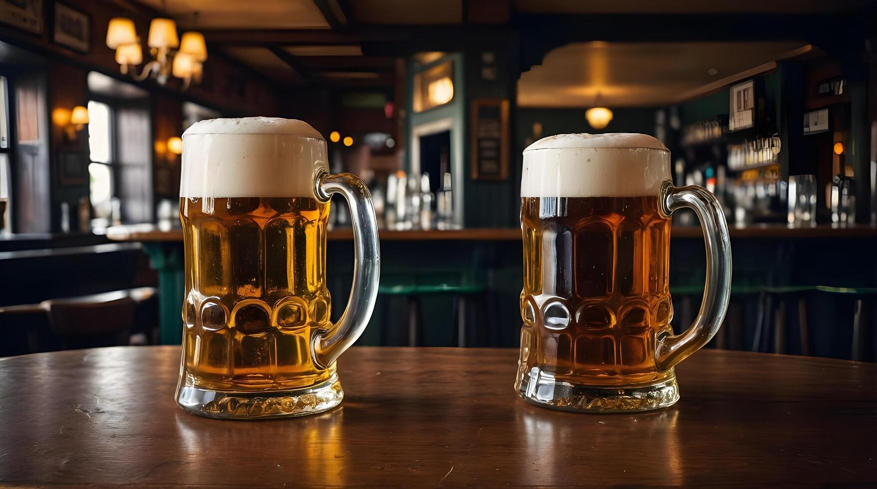 Two big beer mugs on table in pub. photo