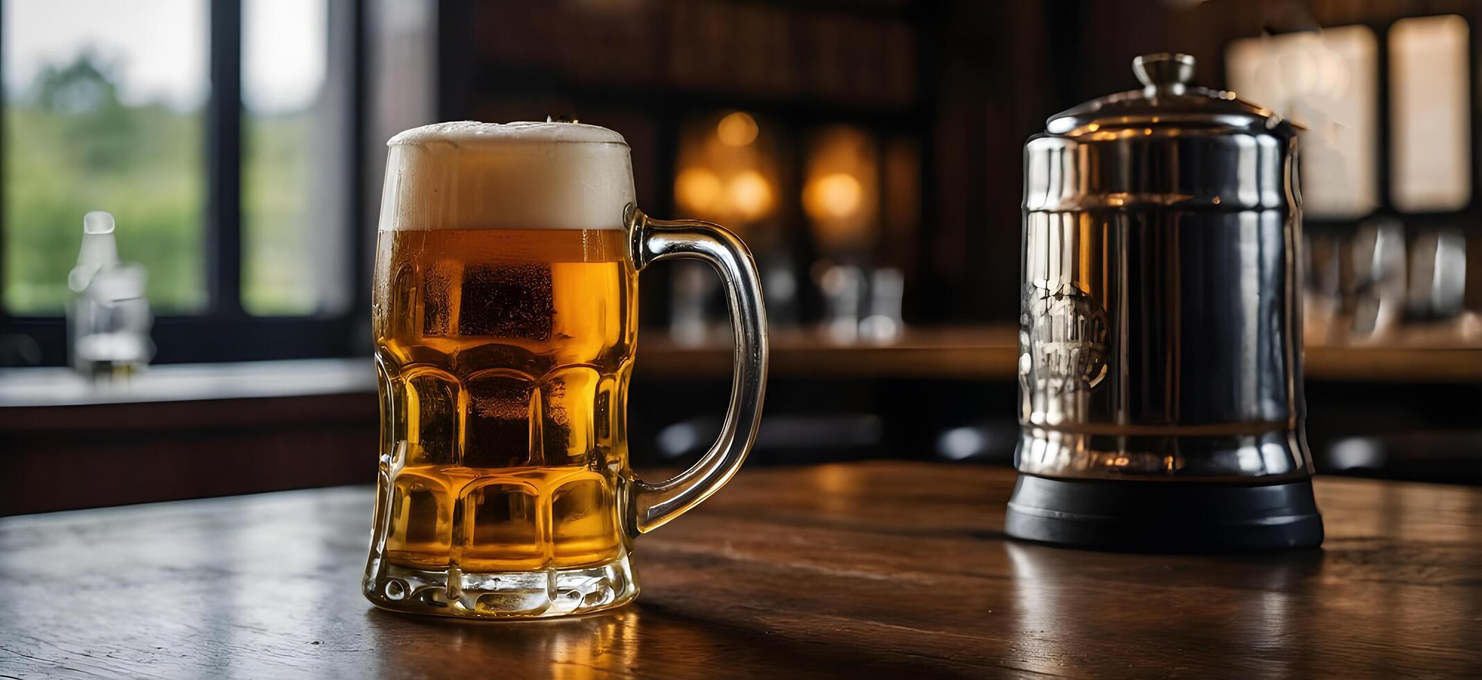 One Beer mug on table in pub. photo