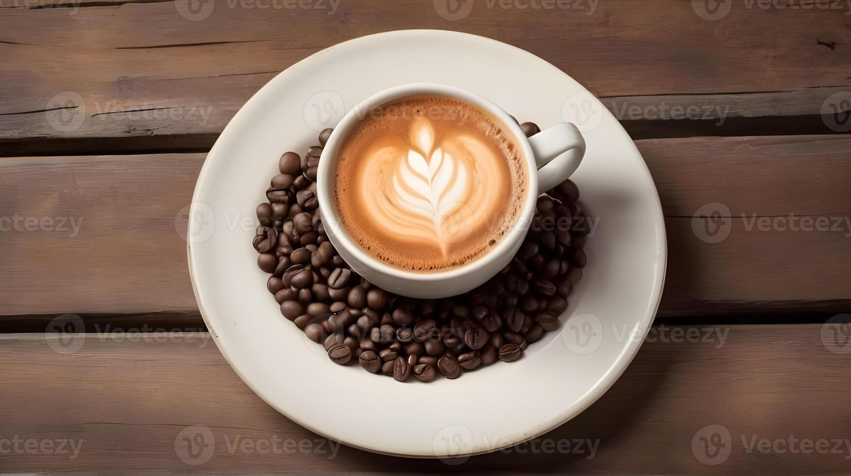 one cup of cappuchino coffee and coffee beans on plate on wooden table,top view photo