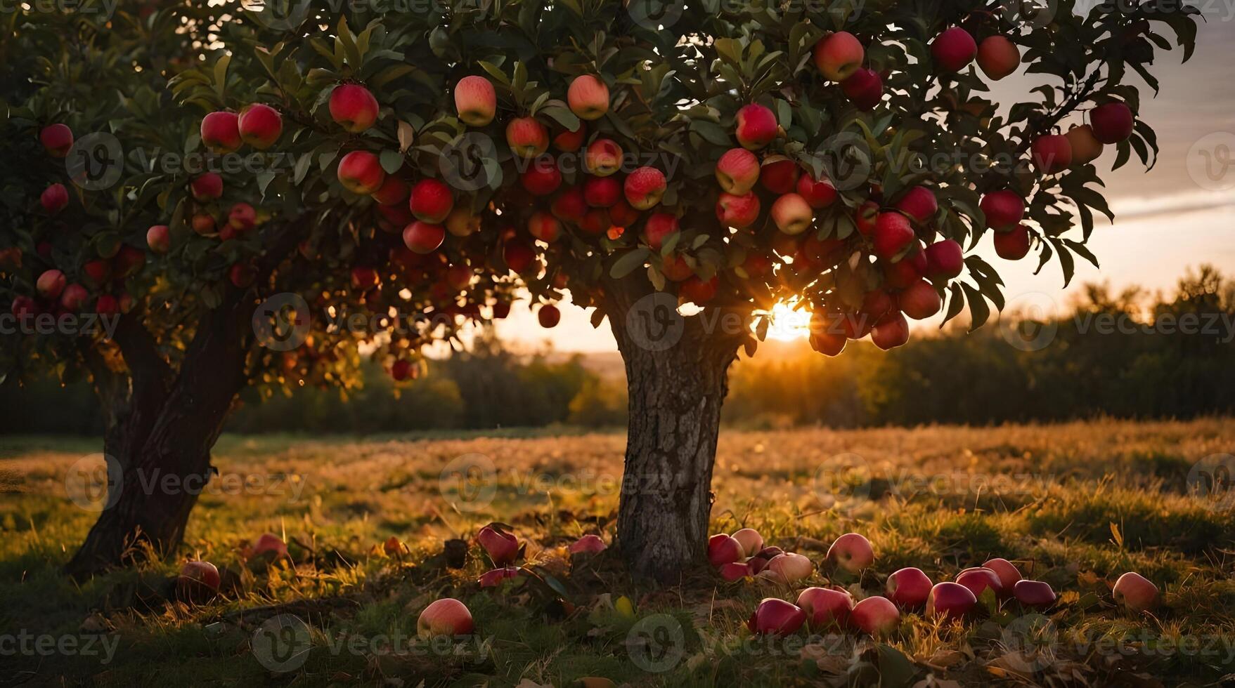 Apple trees in the garden at sunset.Apple harvest photo