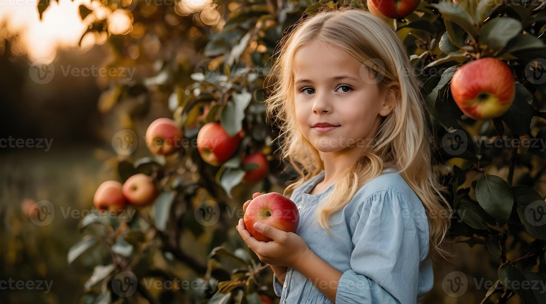Blondy girl holds red apple in apple garden at sunset. Apple harvest photo