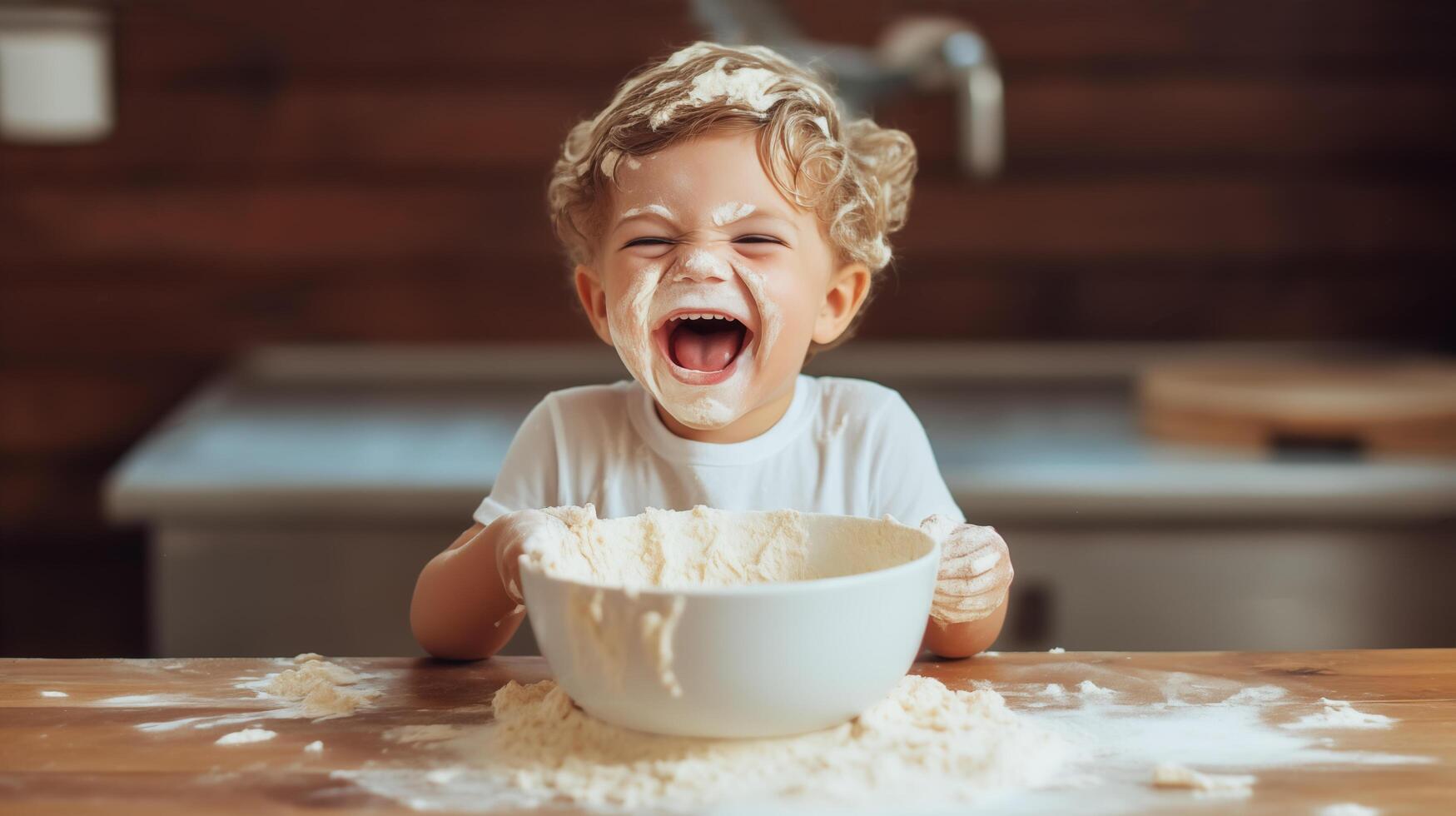 A cheerful little boy with a big bowl of flour. . photo