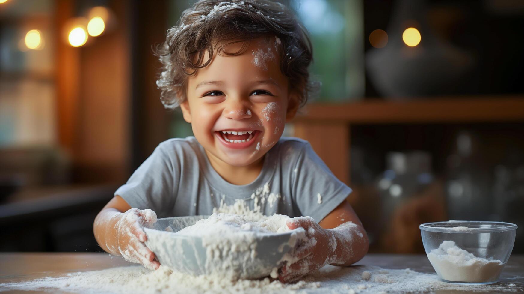A cheerful little boy with a big bowl of flour. . photo