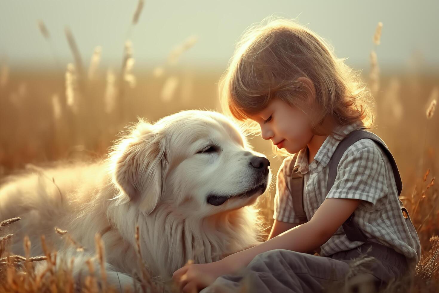 A happy boy gives a sweet kiss to a dog in a big grassy field. . photo