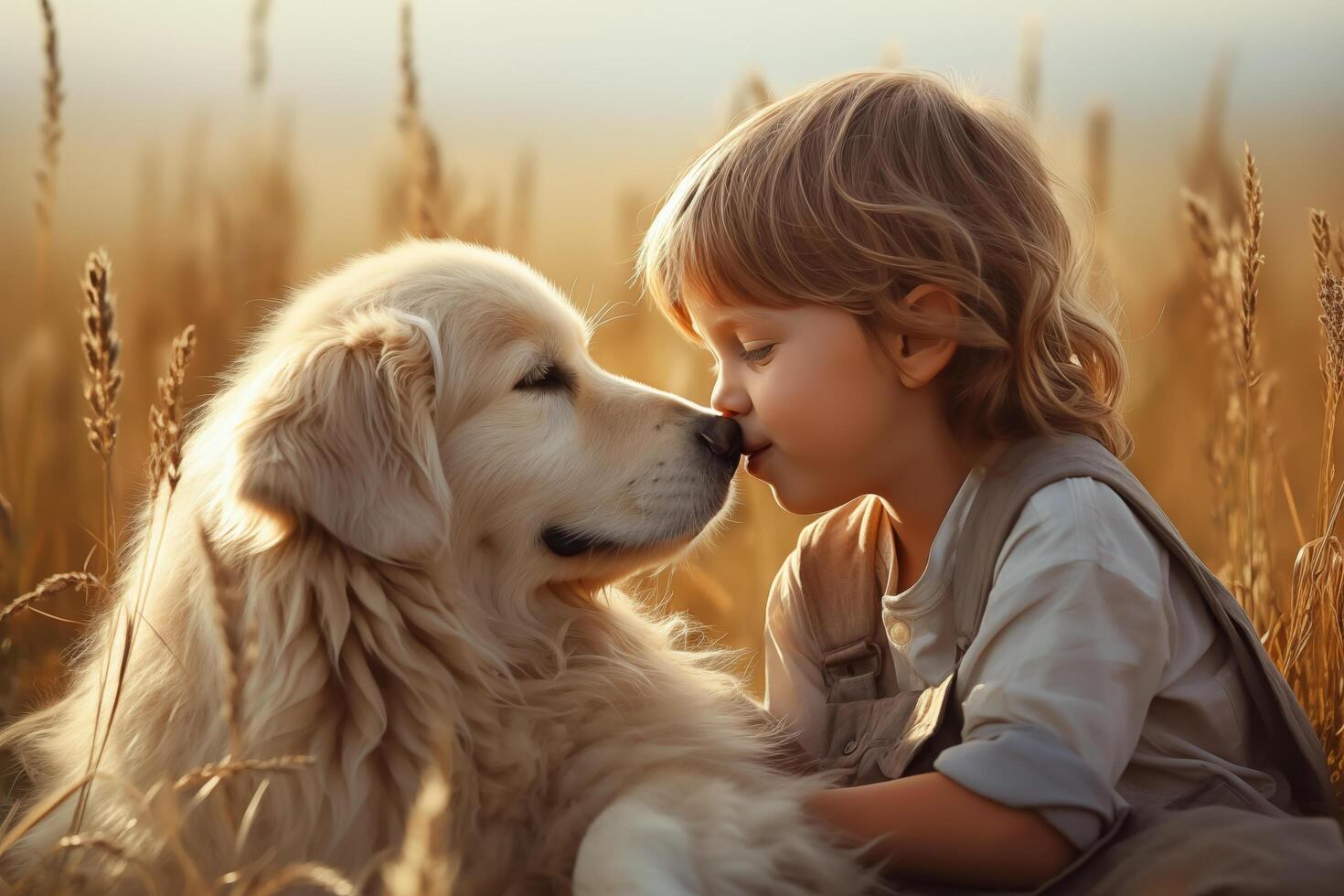 A happy boy gives a sweet kiss to a dog in a big grassy field. . photo