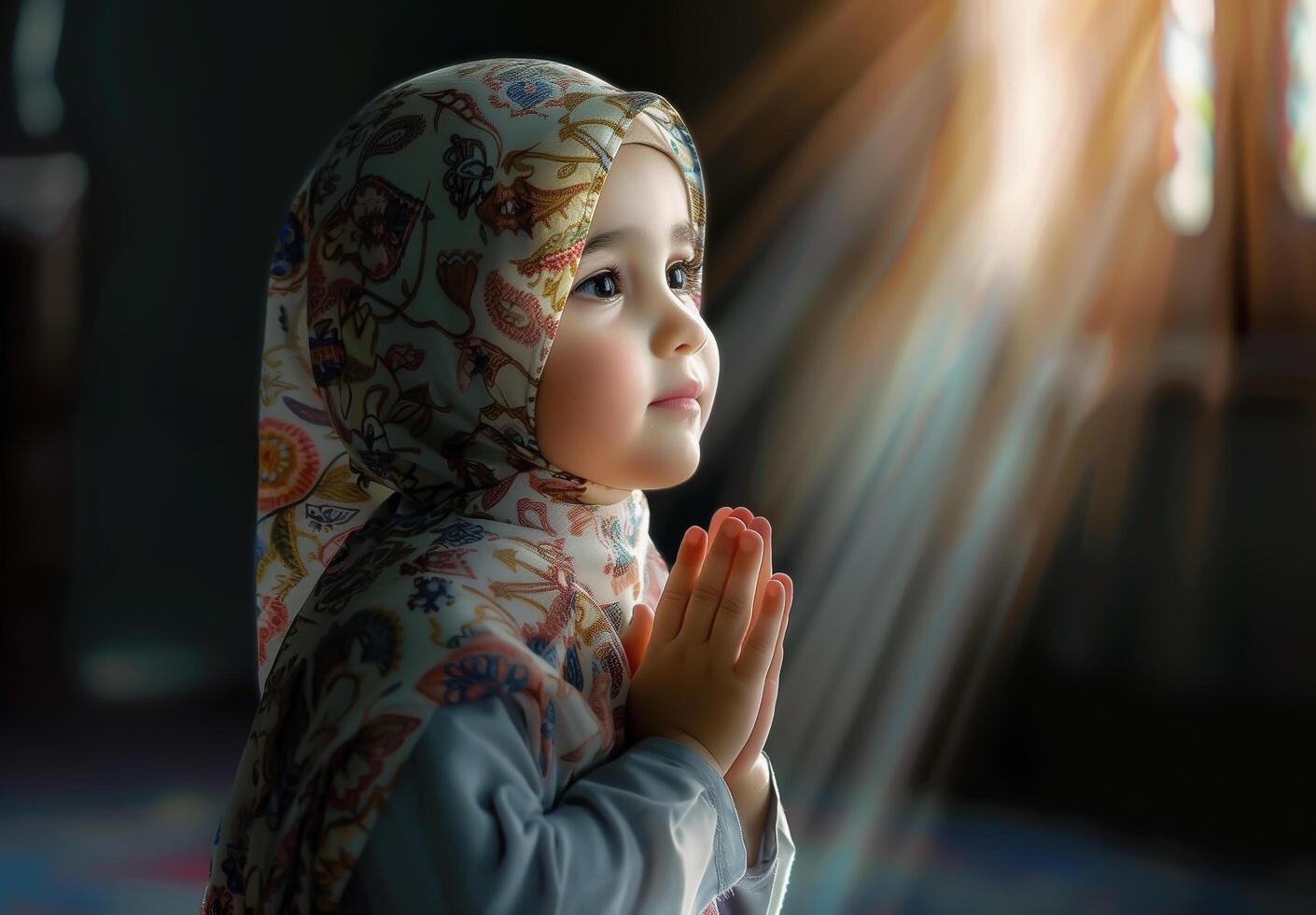 A cute little Muslim girl prays, her small hands raised in devotion. . photo