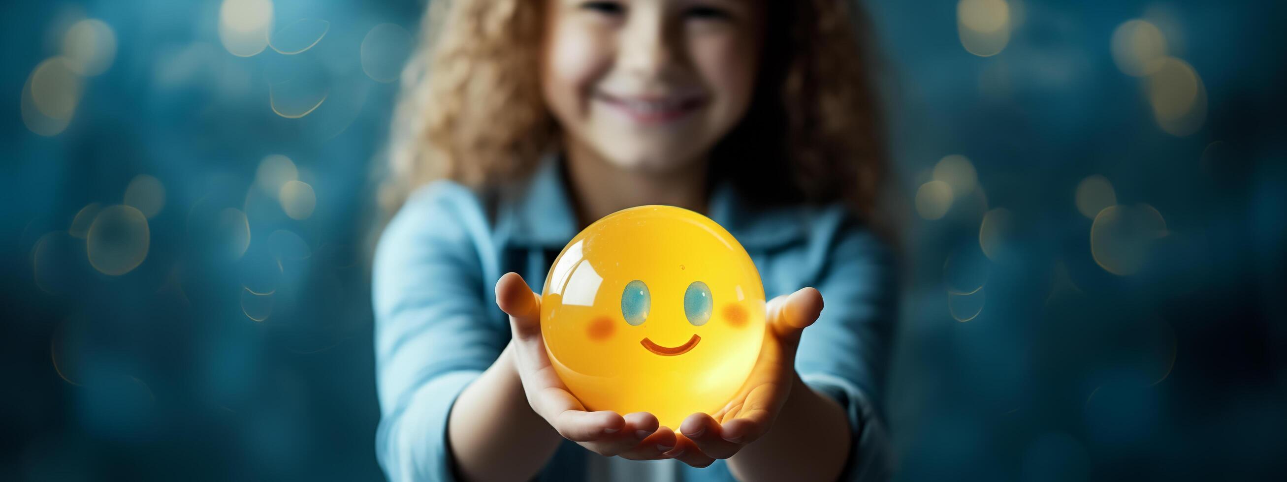 A young girl hand holding a radiant ball of positivity. . photo