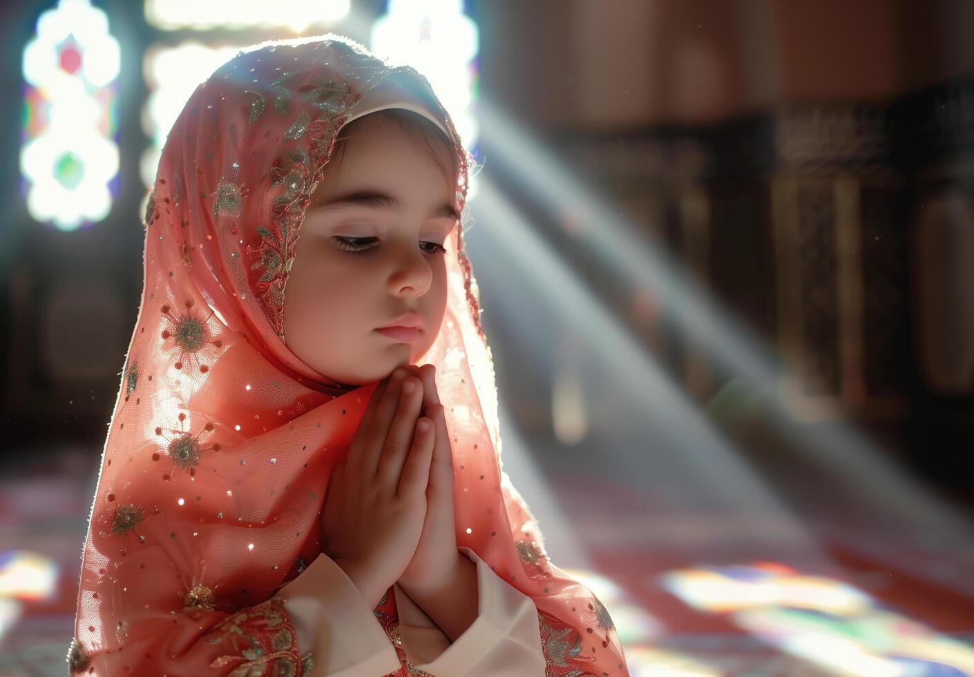 A cute little Muslim girl prays, her small hands raised in devotion. . photo
