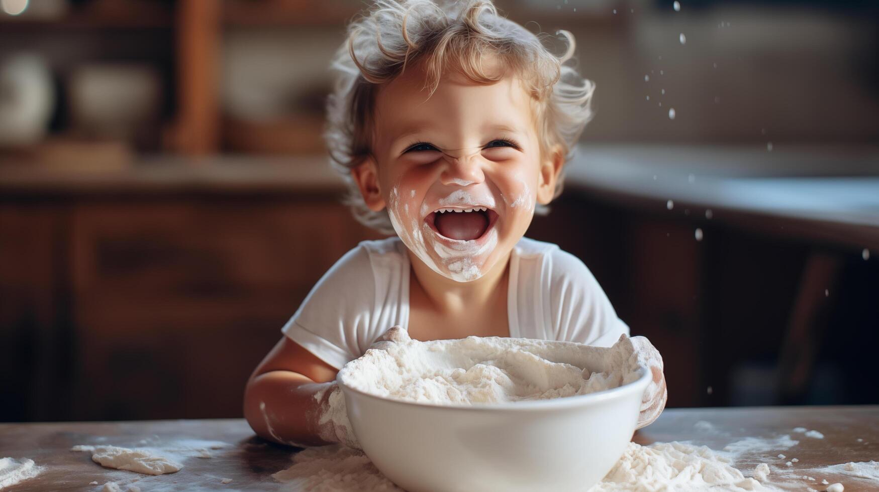 A cheerful little boy with a big bowl of flour. . photo