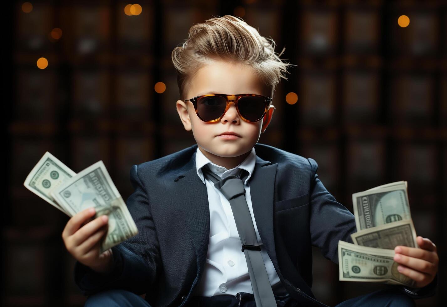 A young boy dressed in a business suit, confidently holds a stack of money. . photo