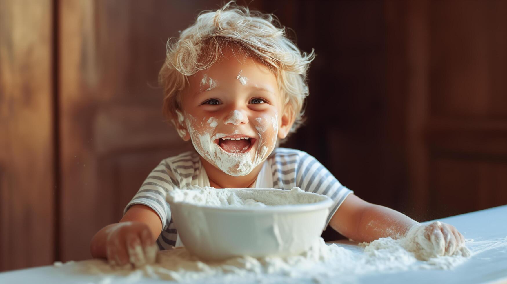 A cheerful little boy with a big bowl of flour. . photo