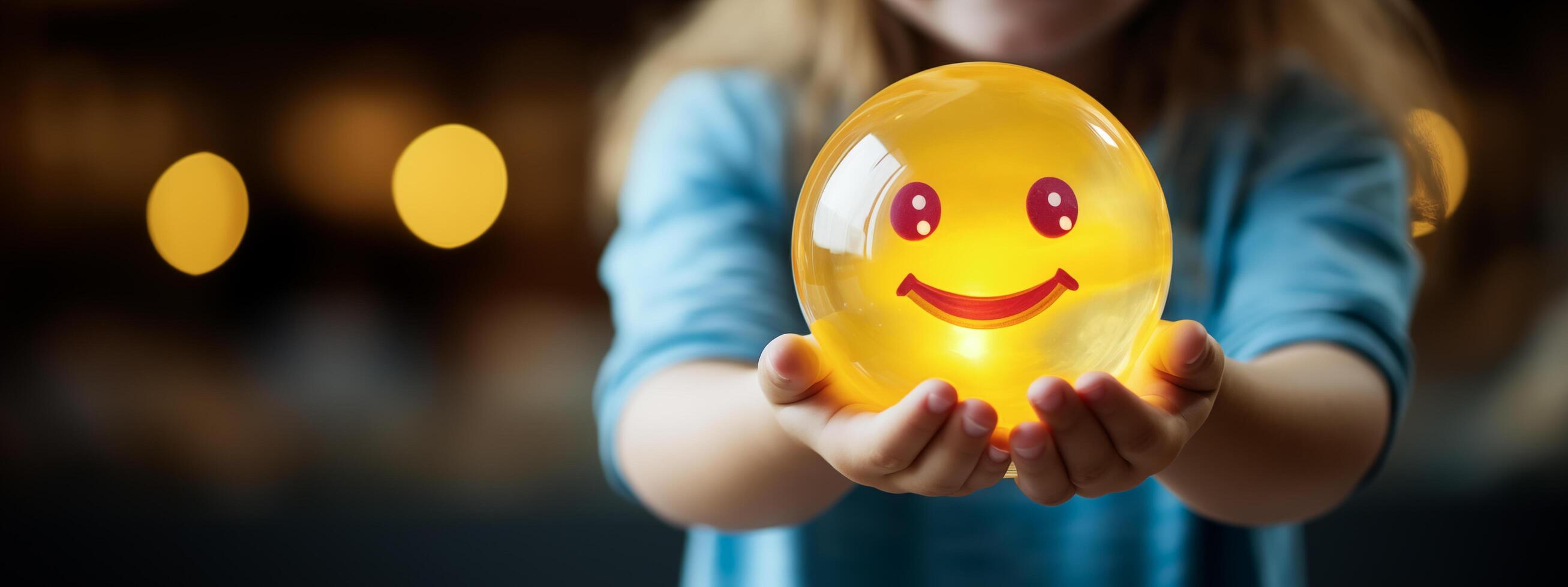 A young girl hand holding a radiant ball of positivity. . photo