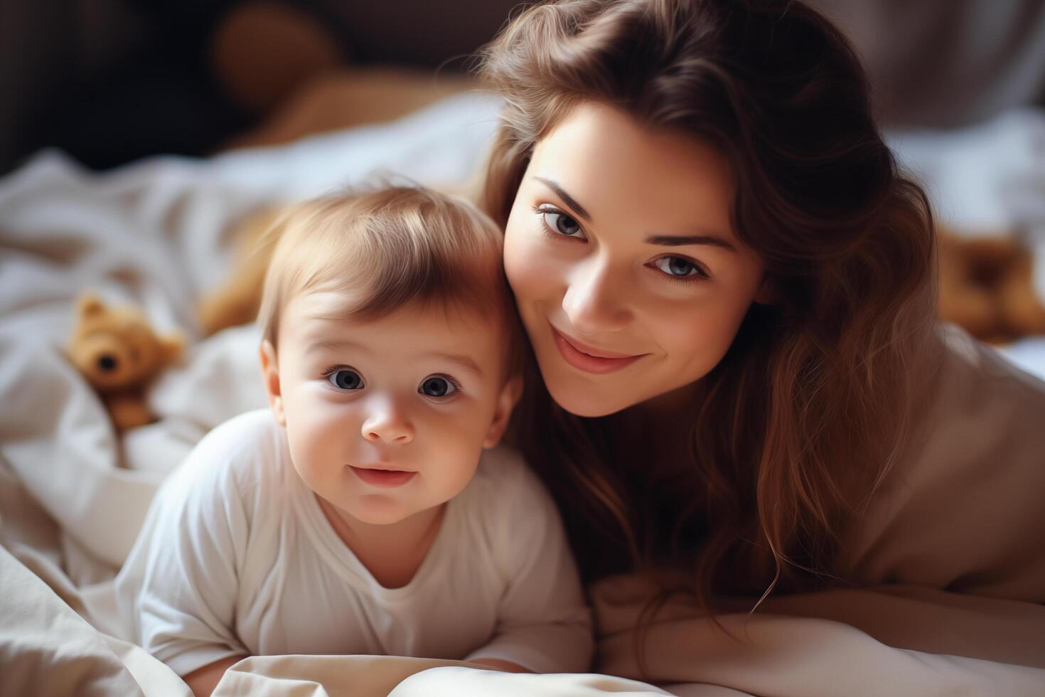 Young mother playfully engaging with her baby. . photo
