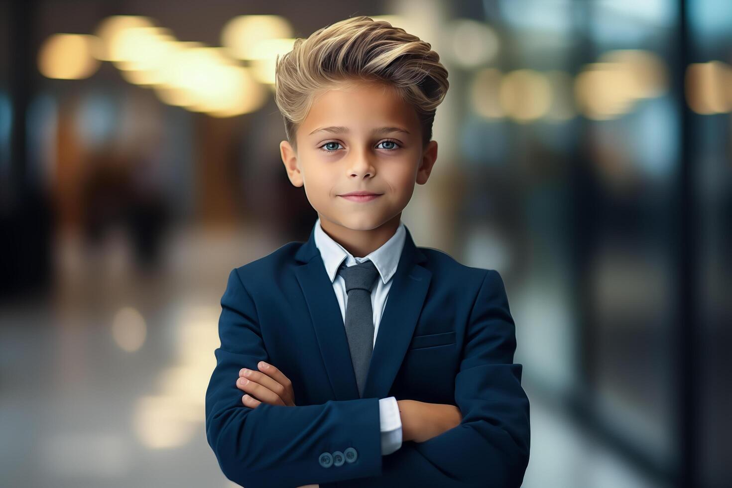 A young boy dressed smartly as a businessman stands in an office space. . photo