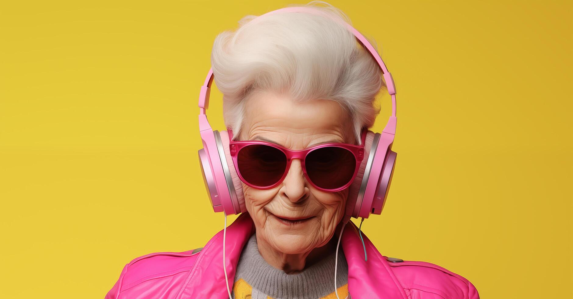 An elegant older woman, dress in stylish clothes, wears vibrant headphones with colourful background. . photo