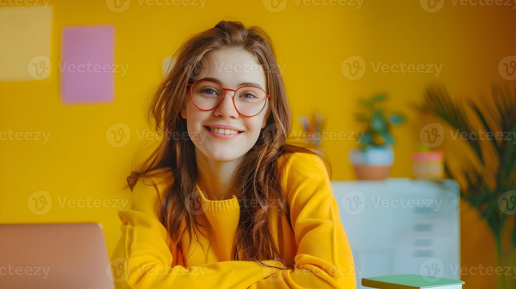 Young Tutor Exuding Joy and Expertise in Vibrant Online Teaching Session photo