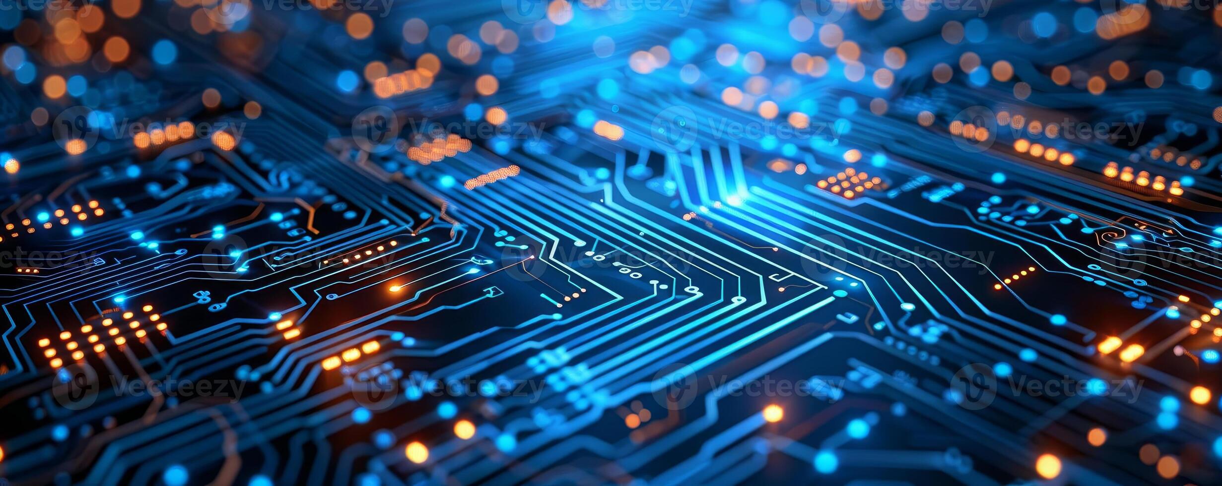Closeup of digital circuit patterns, representing electronic advancements, isolated on a dark background with copy space photo