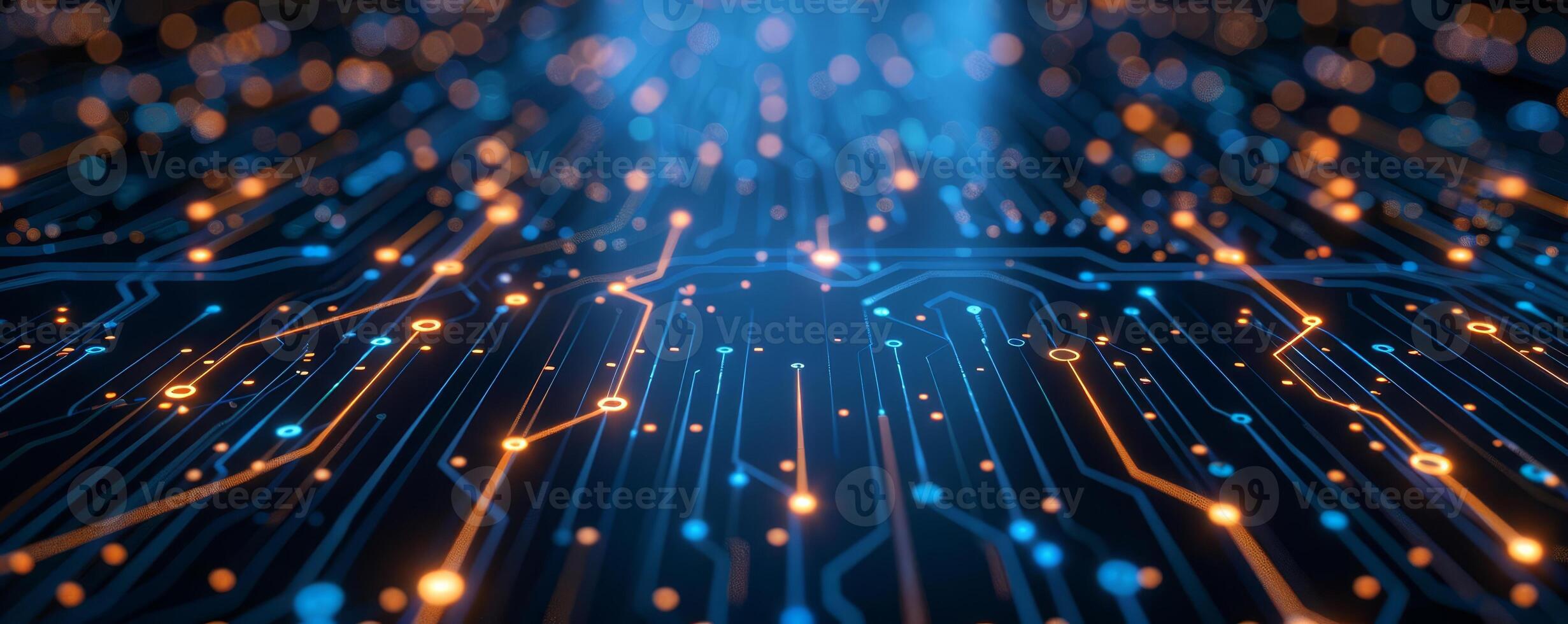Closeup of digital circuit board pathways, symbolizing advanced technology, isolated on a dark background with copy space photo