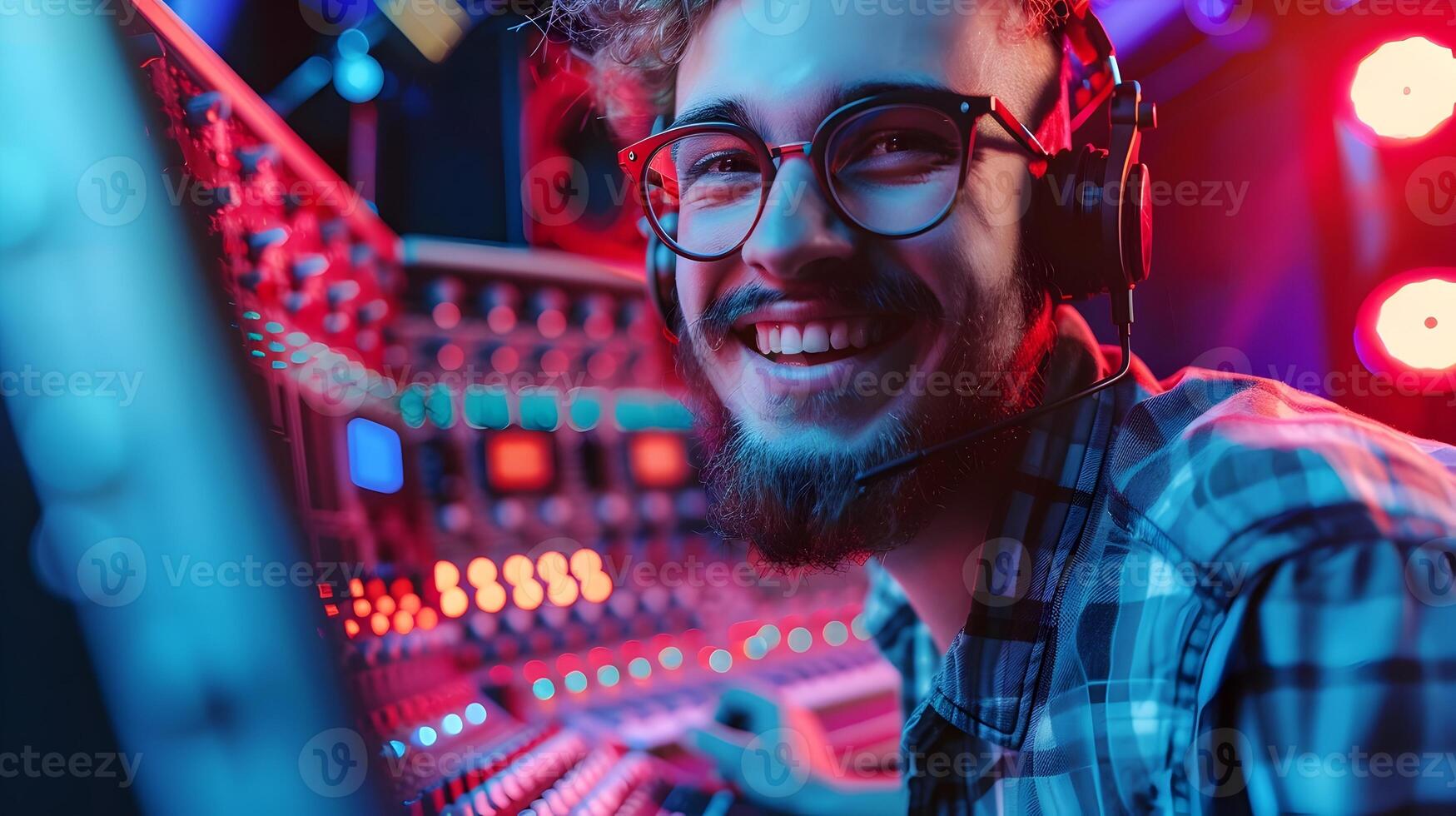 Young Sound Engineer Thriving in a Colorful Studio Environment photo