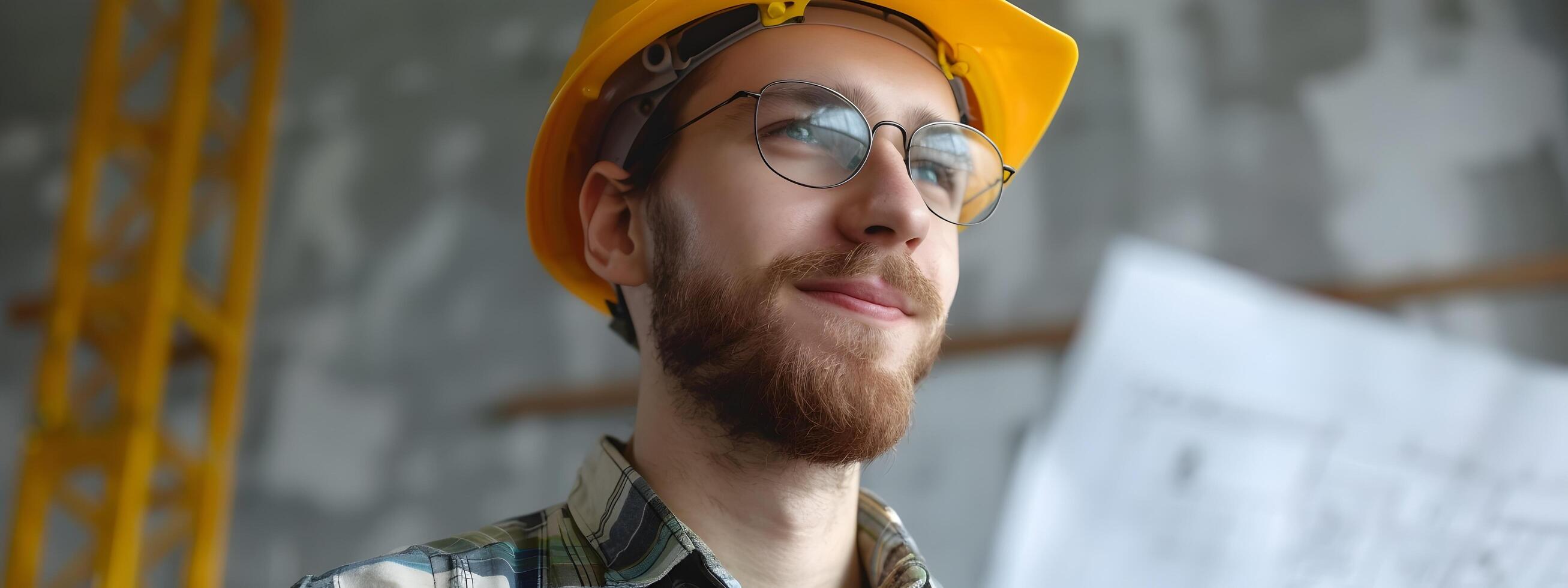 Confident Young Professional Engineer Reviewing Construction Plans photo