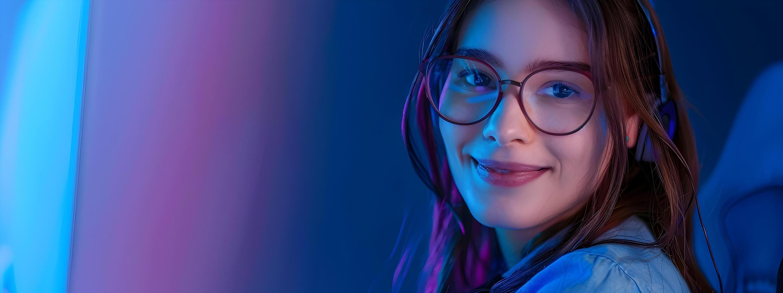 Smiling Young Professional Woman Working on Computer in Colorful Inspired Office Setting photo