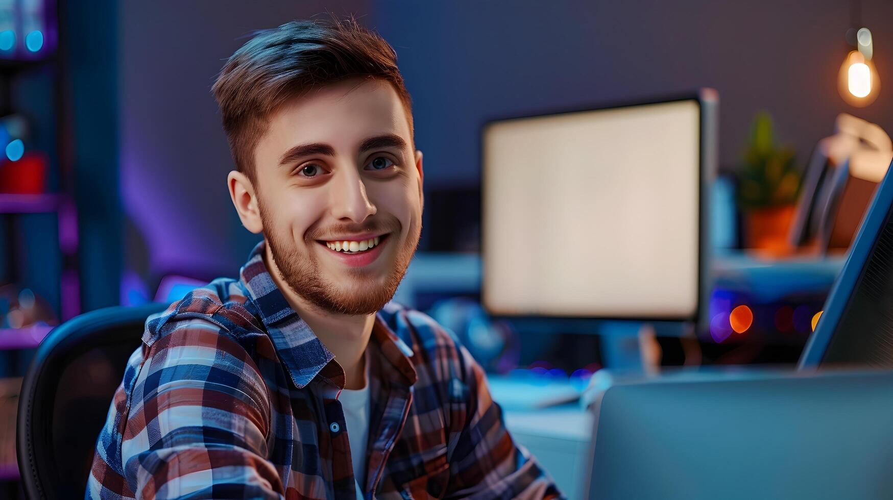 Smiling Young Technical Specialist Working on Colorful Background photo