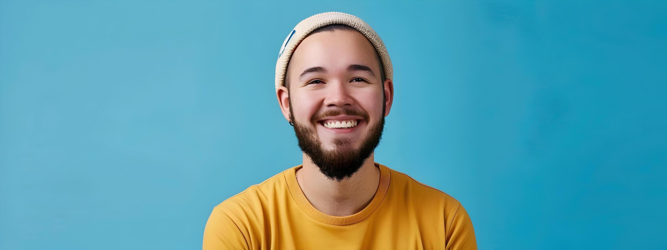 Smiling Young Web Designer Posing Confidently on Vibrant Background photo