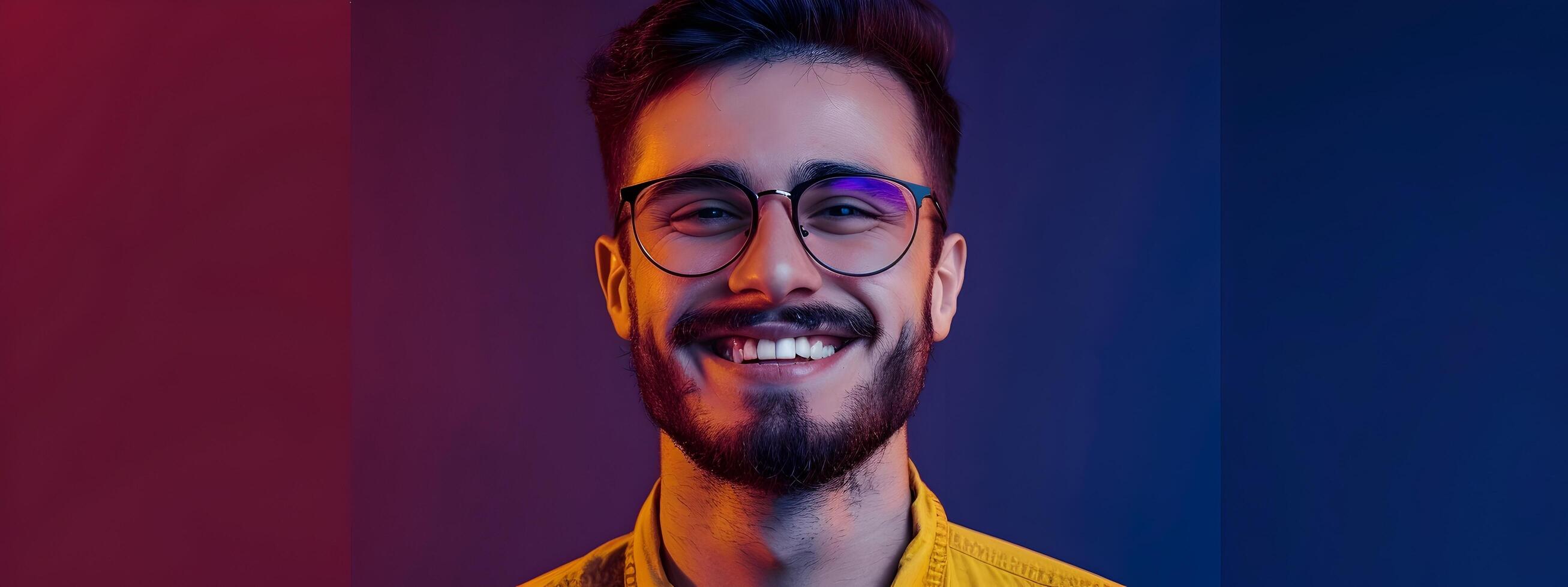 Smiling Young Software Engineer Working on Colorful Background photo