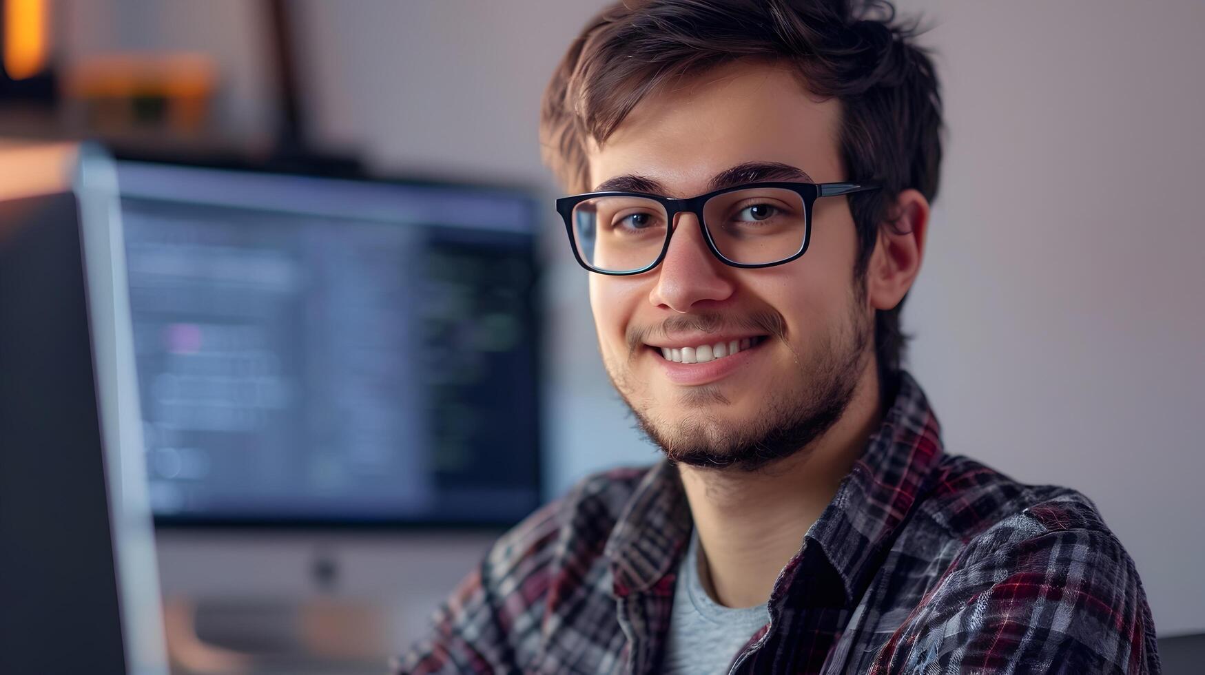 Smiling Young Software Developer Working on Laptop in Office Setting photo