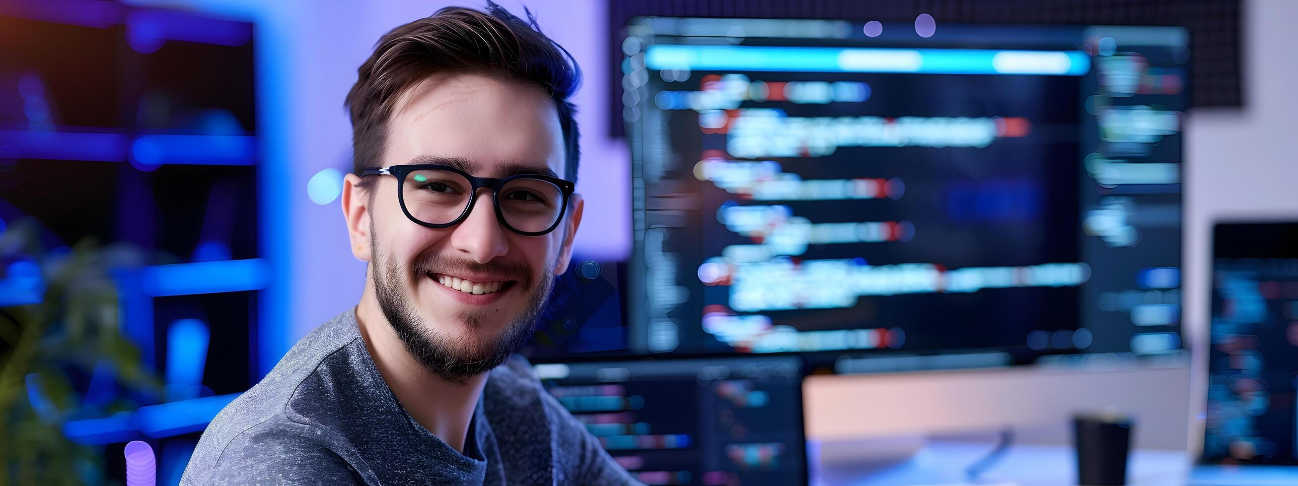 Smiling Young Software Engineer Coding at Desk in Colorful Office photo
