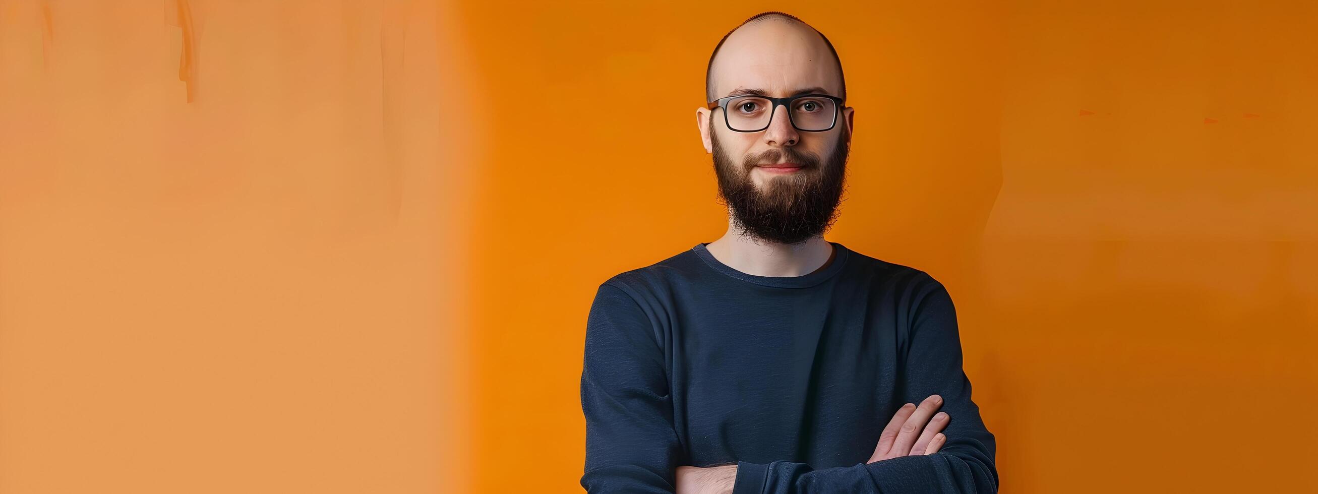 Headshot Portrait of a Serious SQL Developer on an Orange Background photo