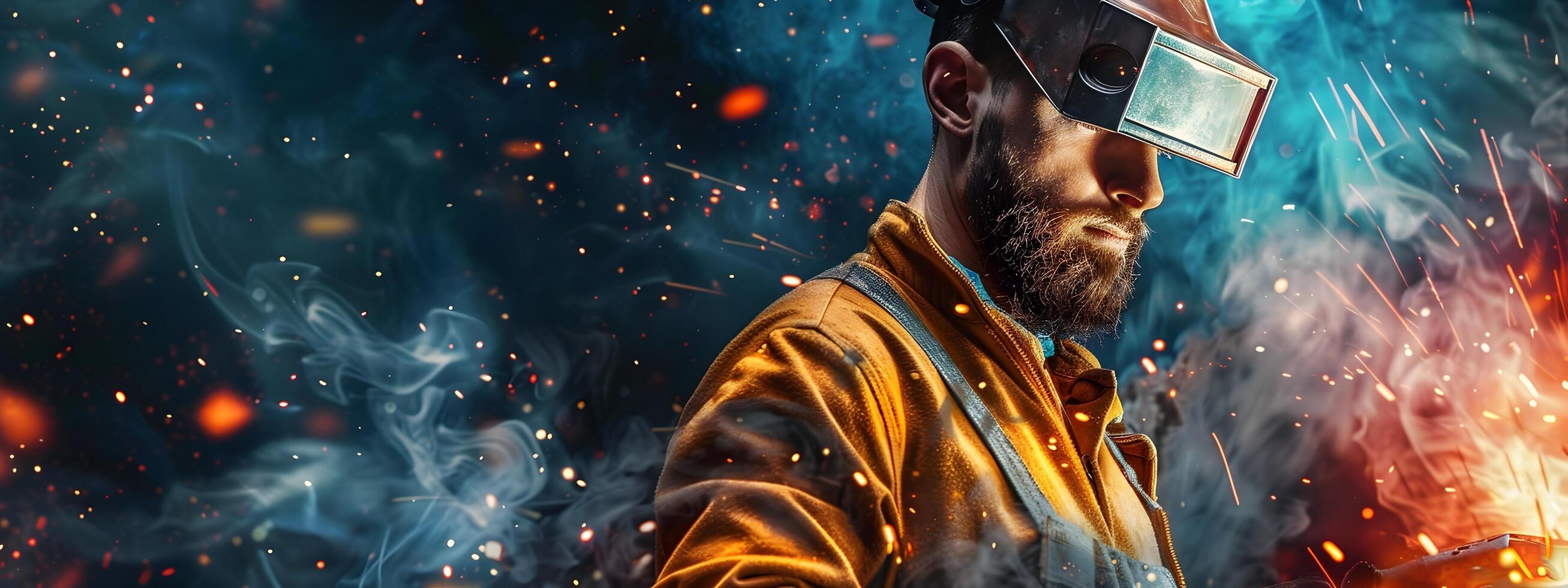 Rugged and Skilled Welder Working with Fiery Sparks and Smoke on Vibrant Industrial Background photo