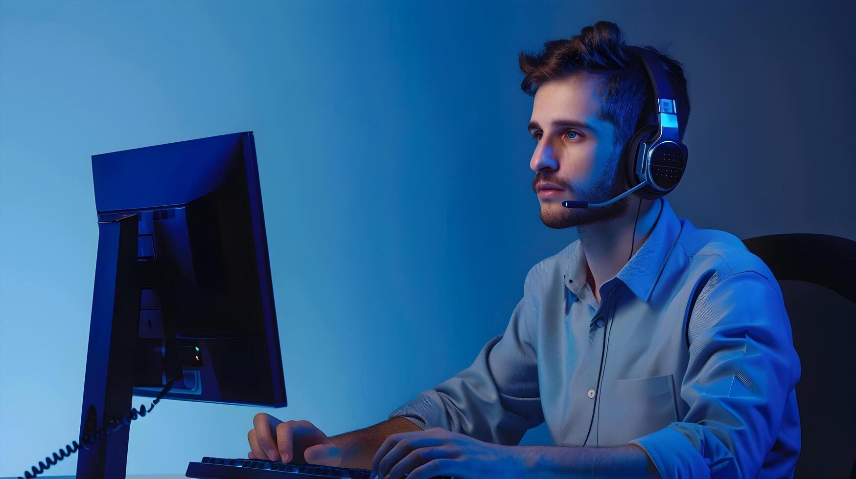 Portrait of Young Professional Helpdesk Worker Providing Technical Assistance on Computer photo