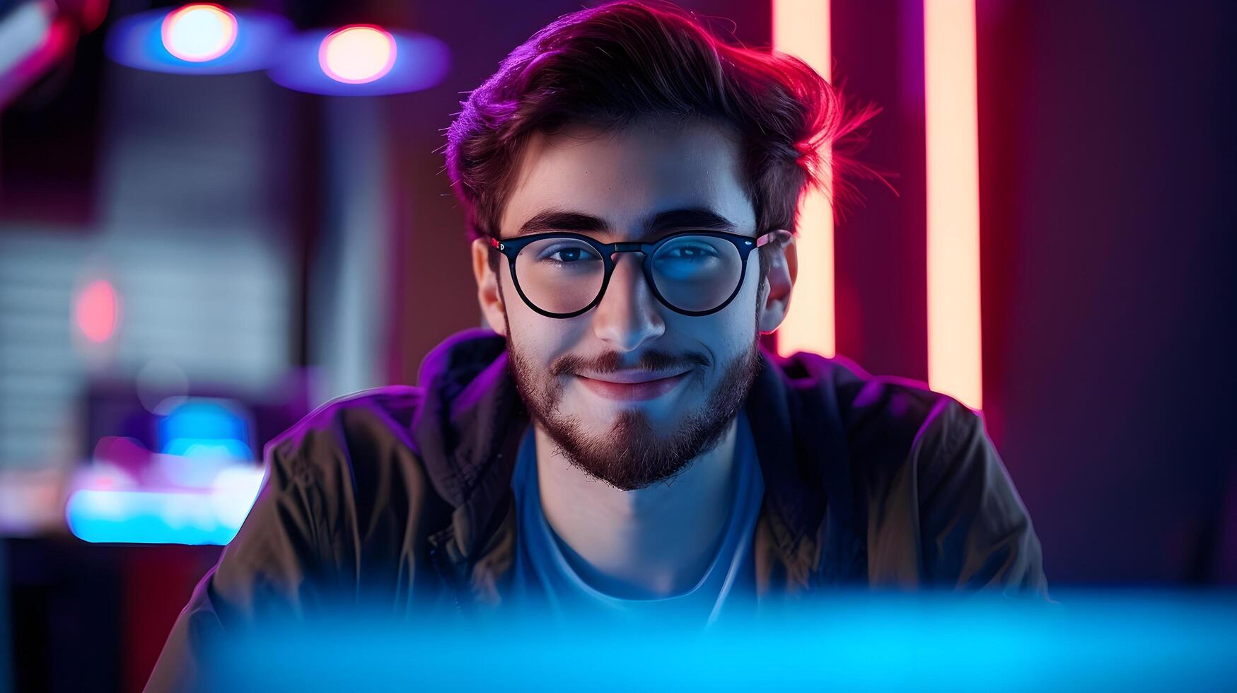 Smiling Young Professional Working on Computer in Modern Workspace photo