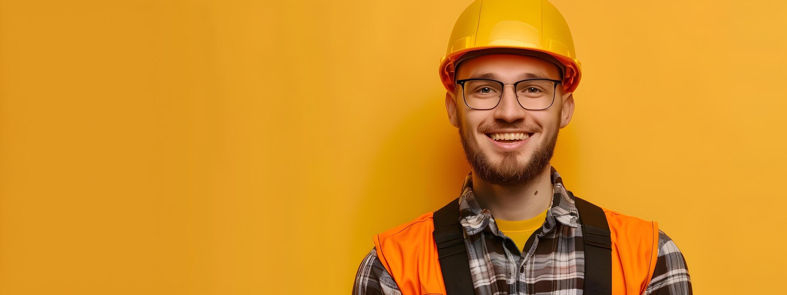 Hardworking Building Inspector in Protective Workwear Smiling on Color Background photo