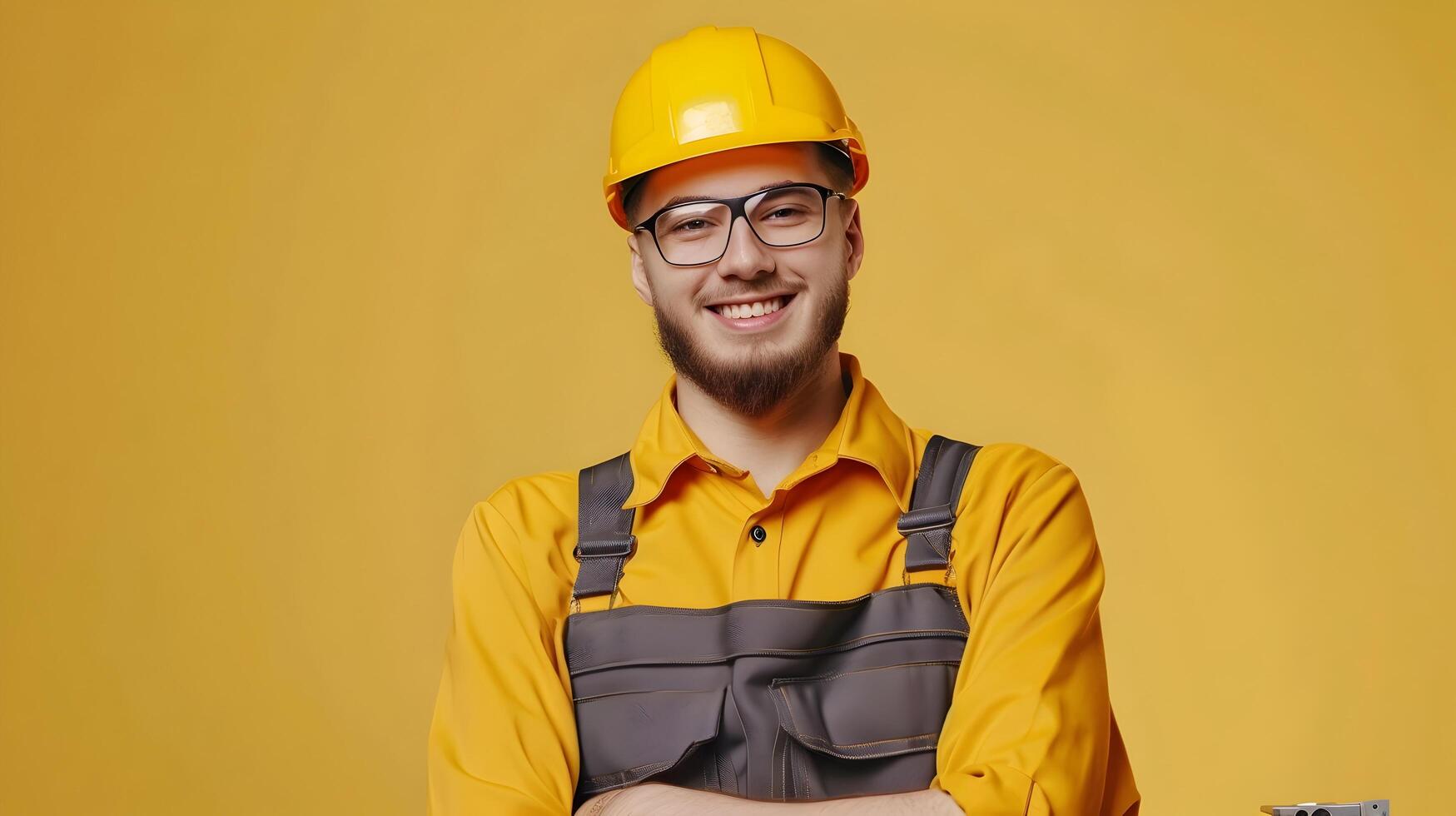 Hardworking Construction Worker in Uniform Smiling on Color Background photo